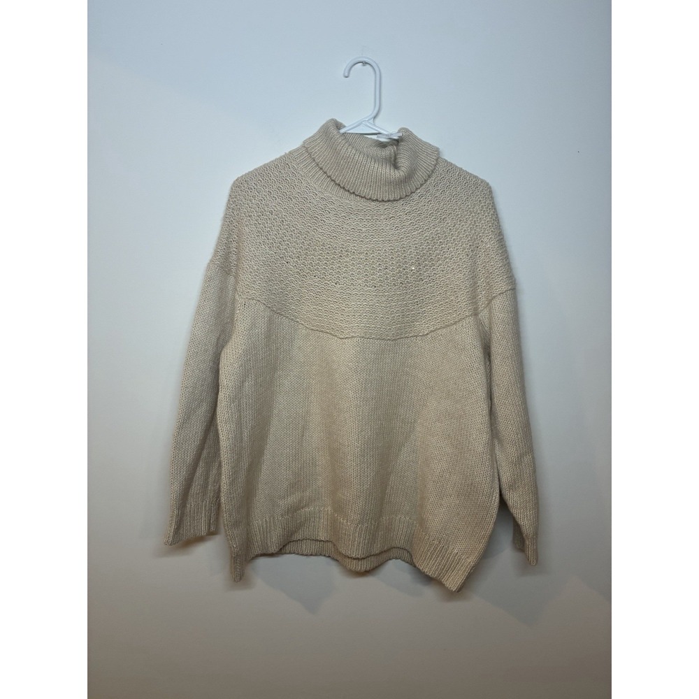 J Jill Turtleneck Sweater Womens XLP Townscapes Cotton Blend Beige Sequins Yolk